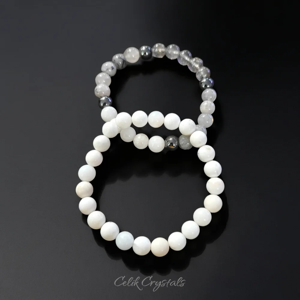 White Opal Crystal Stack - 8mm Unisex Natural Stones Handmade Stretch Beads - Picture 4 of 5